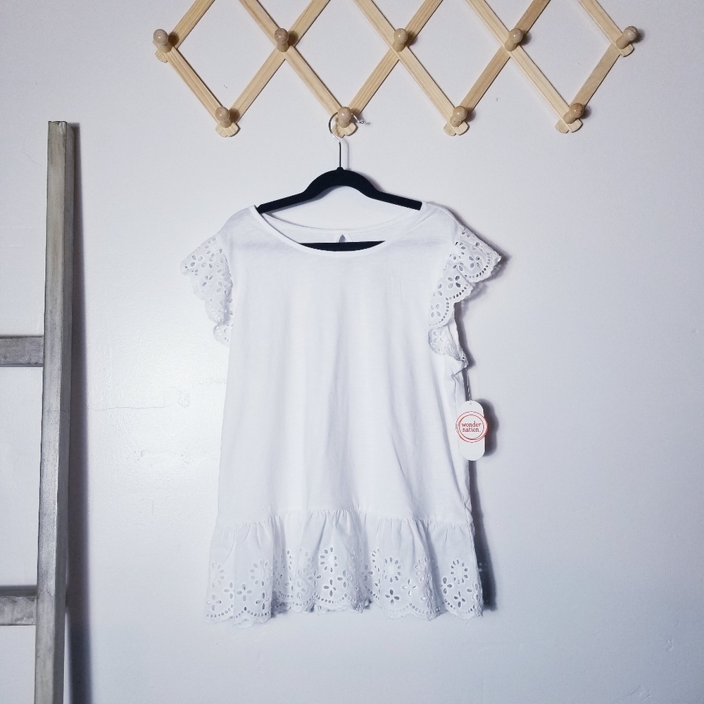 NWT WONDER NATION GIRLS WHITE BLOUSE WITH LACE FLUTTERED SLEEVES SIZE XXL
